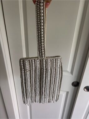 Pearl Fringe Evening Wristlet Clutch - White